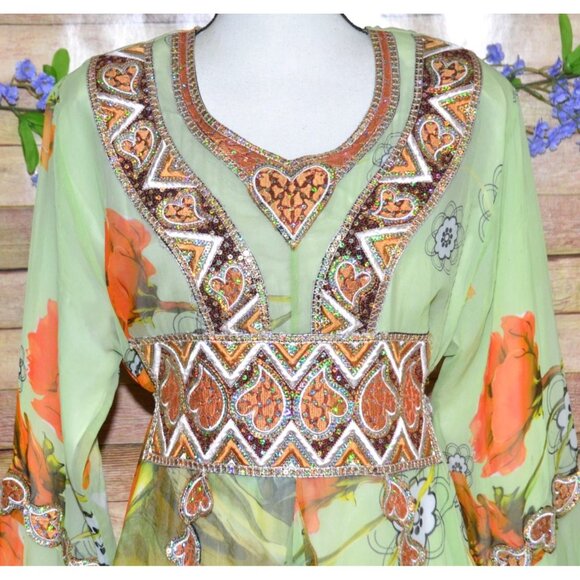 Middle East Arabian Green Floral Maxi Evening Dress Gown  XL 1X Sequin Ruffles - Picture 2 of 16